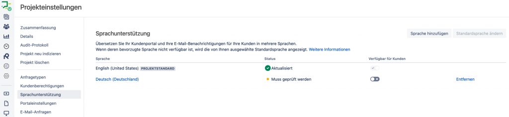 Spracheinstellungen für ein Projekt