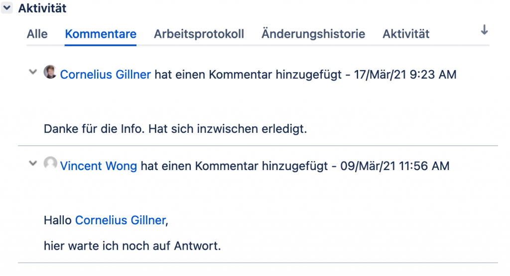 Kommentare in der Jira Aktivitätsanzeige