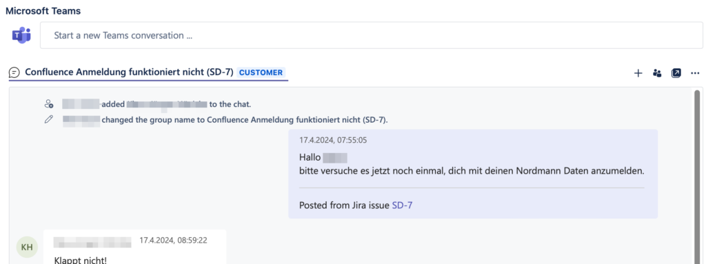 Chatansicht aus einem Jira Ticket