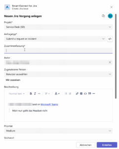 Jira Ticket in Teams erstellen