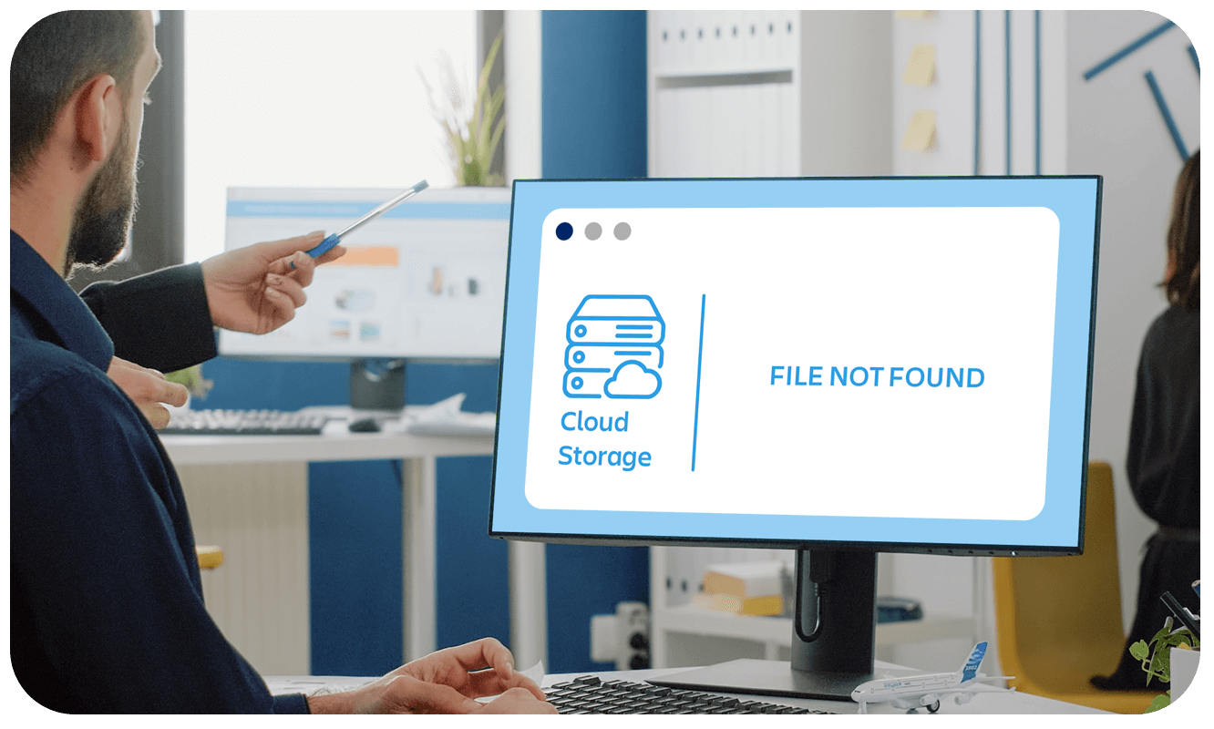 Schaubild zu Datenverlust und Inkonsistenzen – Bildschirm mit Cloud Storage und Meldung