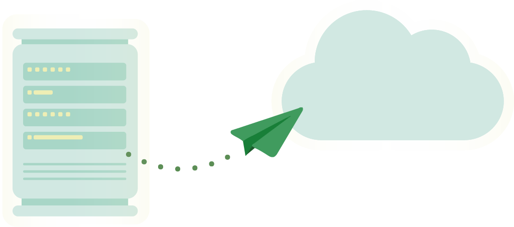Grafik – Cloud Migration, Papierflugzeug fliegt von Server zu Wolke