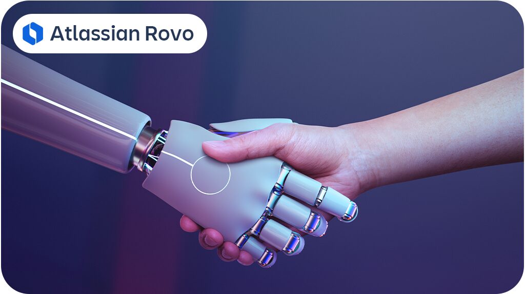 Atlassian Rovo 17 Atlassian Rovo – Unterstützung durch künstliche Intelligenz. Schaubild Handschlag zwischen Mensch und Roboter