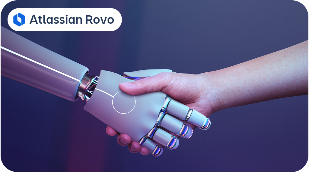 Atlassian Rovo – Unterstützung durch künstliche Intelligenz. Schaubild Handschlag zwischen Mensch und Roboter