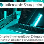 Microsoft Sharepoint Logo im Vordergrund im Hintergrund düster beleuchteter Laptop in Serverraum