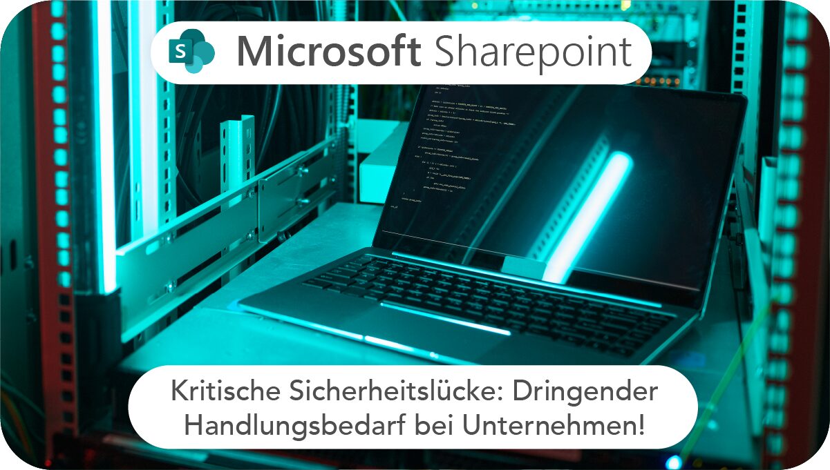 Microsoft Sharepoint Logo im Vordergrund im Hintergrund düster beleuchteter Laptop in Serverraum