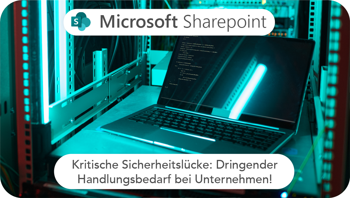 Microsoft Sharepoint Logo im Vordergrund im Hintergrund düster beleuchteter Laptop in Serverraum
