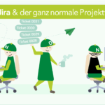 Schaubild Projektwahnsinn – Illustration von drei Personen, eine eröffnet ein Ticket, eine schließt eins, dazwischen trägt die dritte Person einen Stapel neuer Tickets.