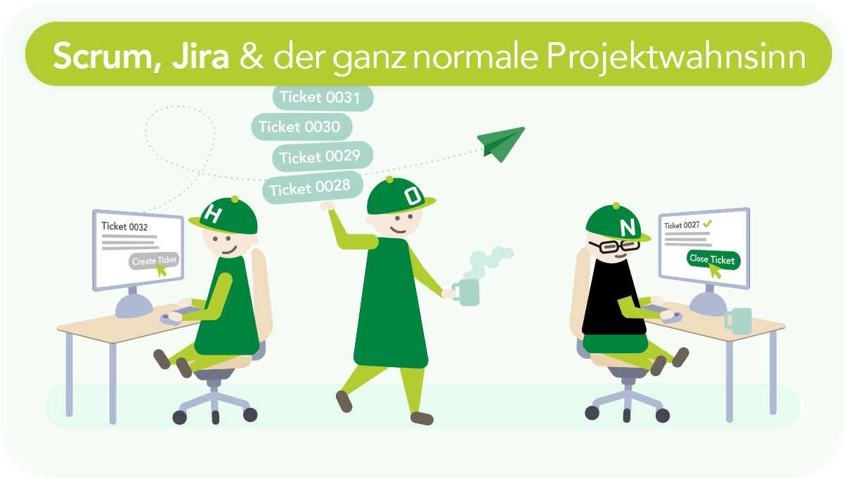 Schaubild Projektwahnsinn – Illustration von drei Personen, eine eröffnet ein Ticket, eine schließt eins, dazwischen trägt die dritte Person einen Stapel neuer Tickets.