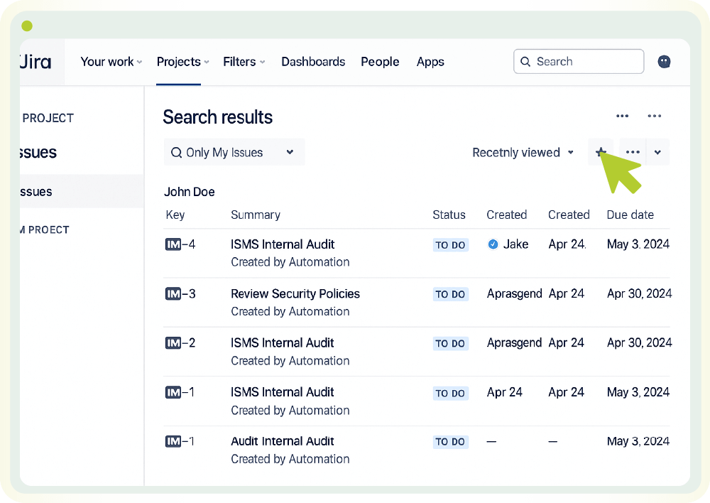 ISMS für kleine Unternehmen: Praktische Tipps zur Umsetzung und Kostenkontrolle 12 Stilisierter Screenshot einer ISMS Oberfläche mit laufenden Automatisierungen in Jira