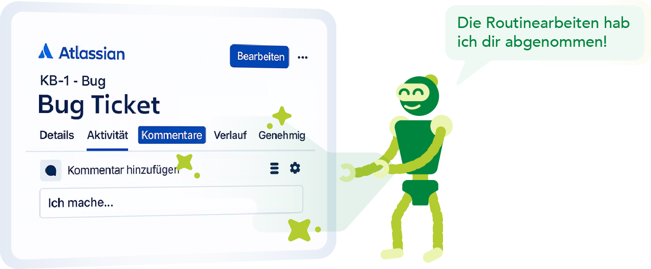 Schaubild Atlassian Rovo – AI-Assistent bearbeitet Ticket mit AI und sagt 