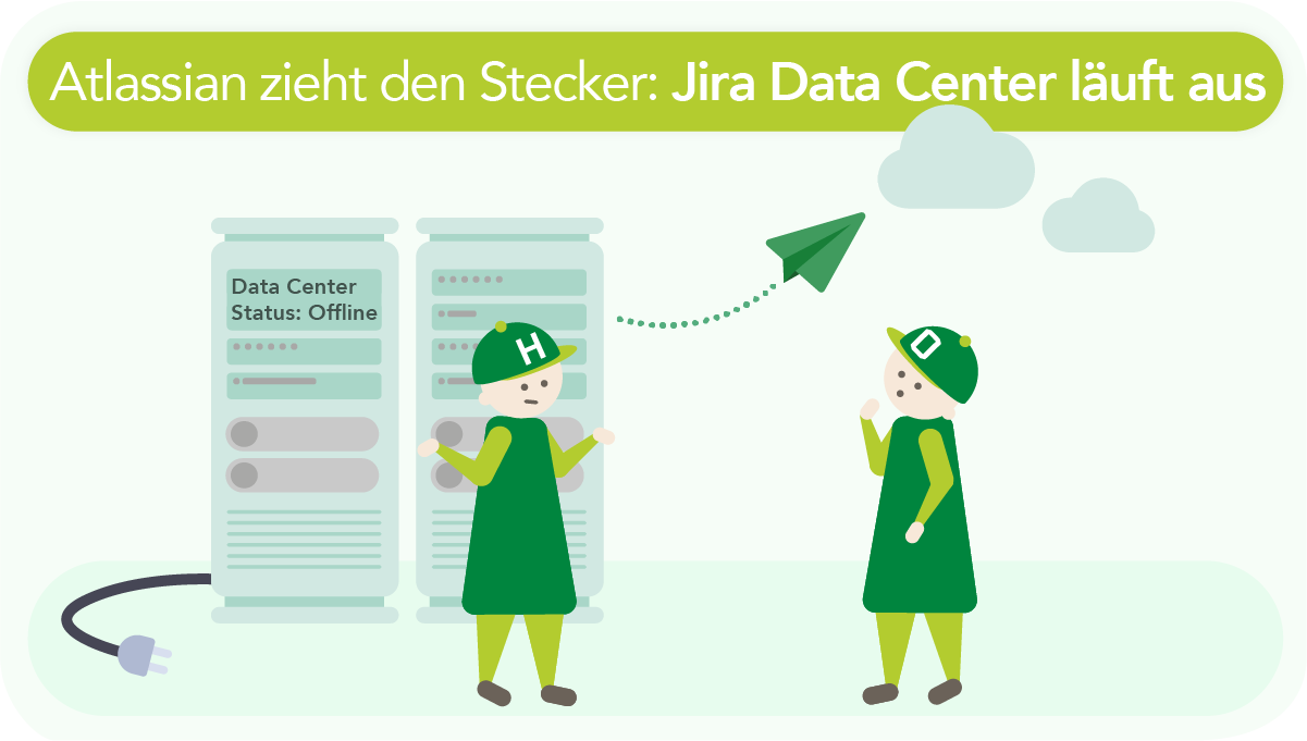 Atlassian zieht den Stecker: Jira Data Center läuft aus – wir begleiten den Weg in die Zukunft 11 Schaubild: Atlassian zieht den Stecker – Jira Data Center läuft aus. Zwei Personen stehen vor abgeschalteten On Premise Servern und schauen zu wie die Migration in die Cloud verläuft.