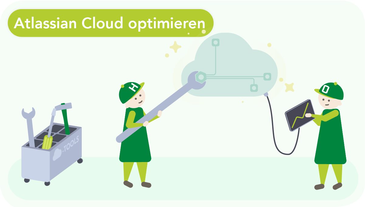 Atlassian Cloud optimieren: Mit diesen Tipps läuft Ihr Setup wie geschmiert! 17 Schaubild: Atlassian Cloud Optimieren. Zwei Personen arbeiten mit diversen Tools an der Cloud