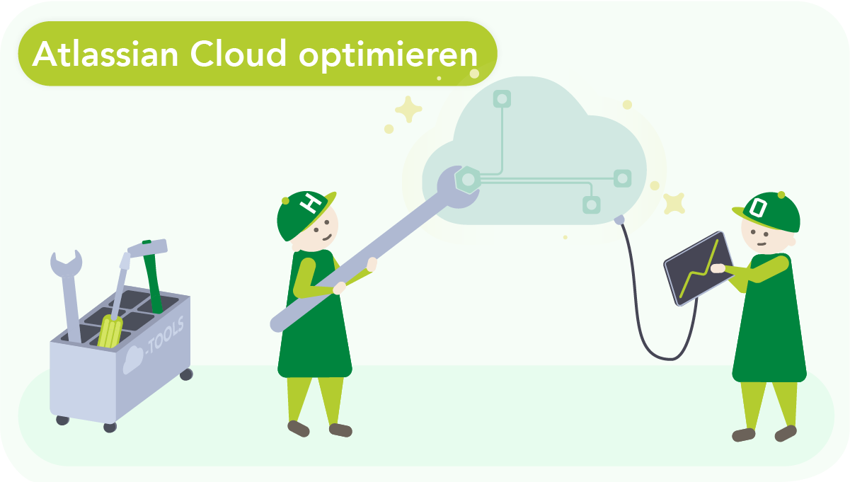 Schaubild: Atlassian Cloud Optimieren. Zwei Personen arbeiten mit diversen Tools an der Cloud