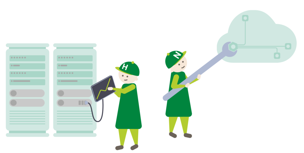 Schaubild: Zwei Mitarbeiter:innen warten die System, links das On-Premise und rechts die Cloud