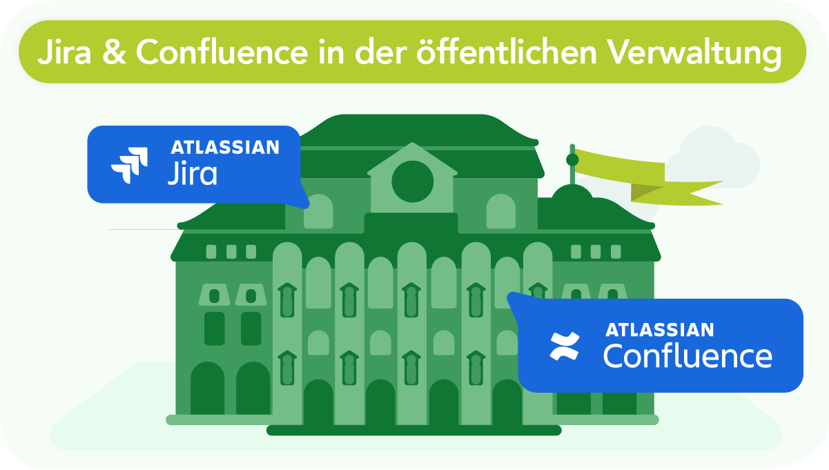 Vom Antragsprozess bis zur Projektsteuerung – Jira & Confluence in der öffentlichen Verwaltung 13 Schaubild. Von einem digitalen Verwltungsgebäude gehen Jira und Confluence Aspekte aus.