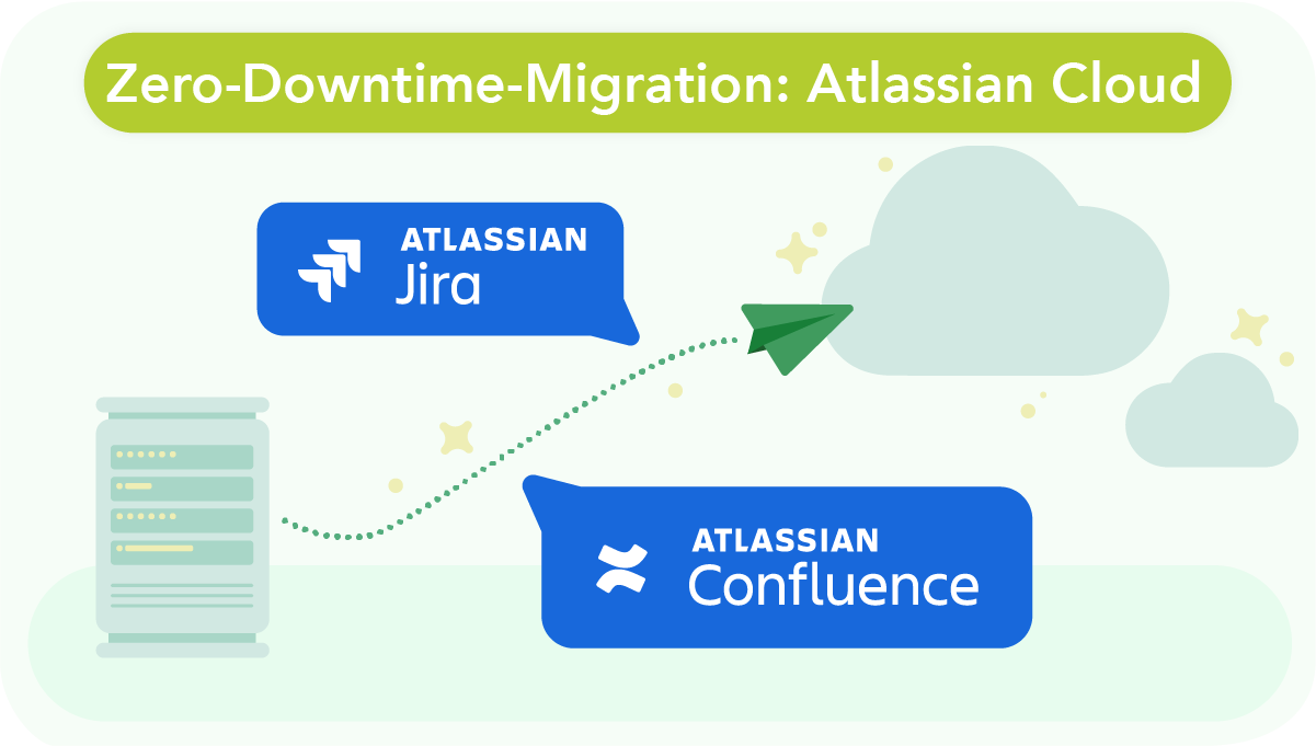 Zero-Downtime-Migration: Atlassian Cloud 11 Zero Dwontime-Migration, ein Papierflugzeug fliegt von einem Server zu einer Cloud mit Atlassian Jira und Confluence Logos