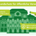 BSI-Grundschutz für öffentliche Verwaltung: Stilisiertes grünes Behördengebäude mit Kuppel und Flagge. Links oben Siegel-Icon mit Text "BSI Standards 200-1, 200-2, 200-3". Rechts unten Schild-Icon mit "ISMS" und Text "Informations-Sicherheits Management-System". Visualisiert die Anwendung von BSI-Standards zum Aufbau eines ISMS in öffentlichen Institutionen.