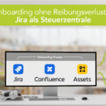 Infografik zum Onboarding-Prozess mit Jira: Ein Monitor zeigt die drei Atlassian-Tools Jira, Confluence und Assets. Vier Abteilungen sind durch Linien mit dem zentralen Onboarding-Prozess verbunden: IT-Abteilung, HR-Abteilung, Fachabteilung und Sicherheits-Abteilung – jeweils mit passendem Icon. Überschrift: „Onboarding ohne Reibungsverluste: Jira als Steuerzentrale". Hintergrund zeigt einen hellen Büroarbeitsplatz.