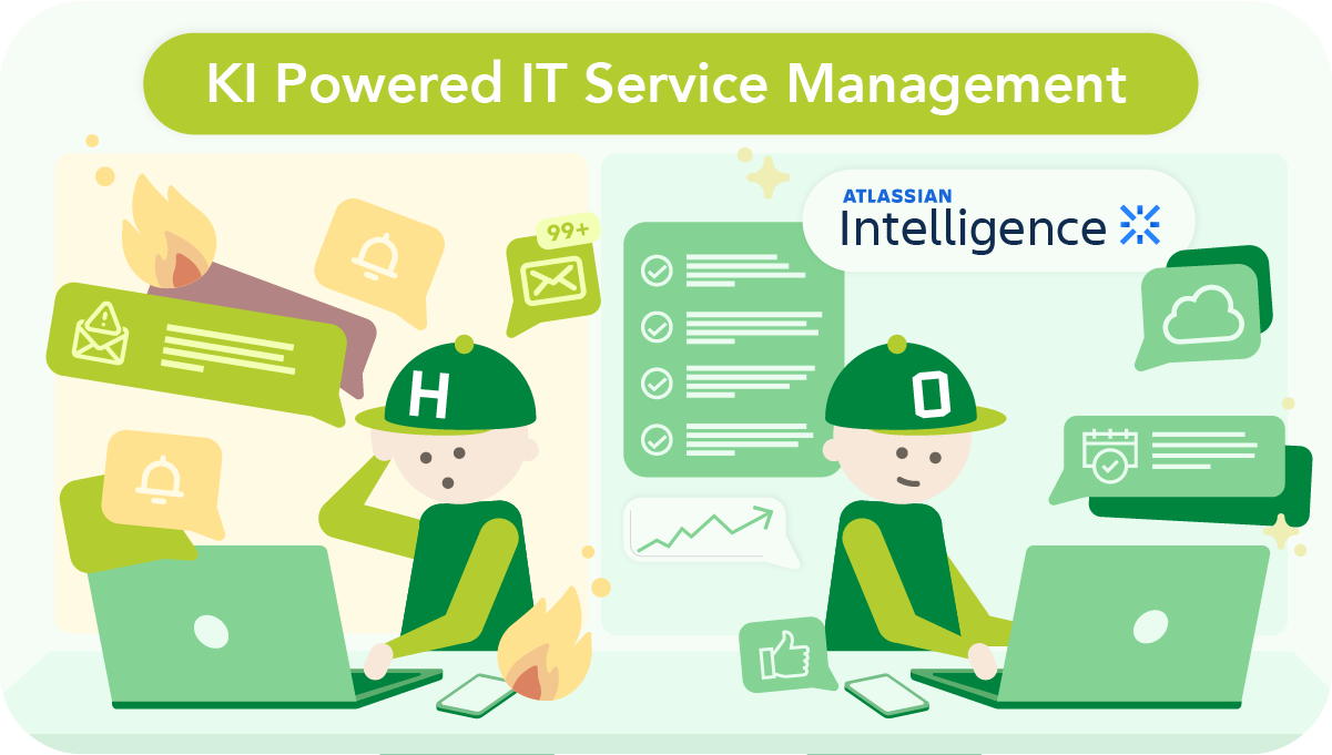 Illustration zum KI-gestützten IT Service Management: Links eine gestresste HONICON-Figur mit brennendem Ticket, umgeben von Benachrichtigungen, E-Mails und 99+ Meldungen. Rechts dieselbe Figur entspannt am Laptop mit strukturierter Checkliste, Erfolgsgrafik und Cloud-Icon – unterstützt durch Atlassian Intelligence. Überschrift: „KI Powered IT Service Management".