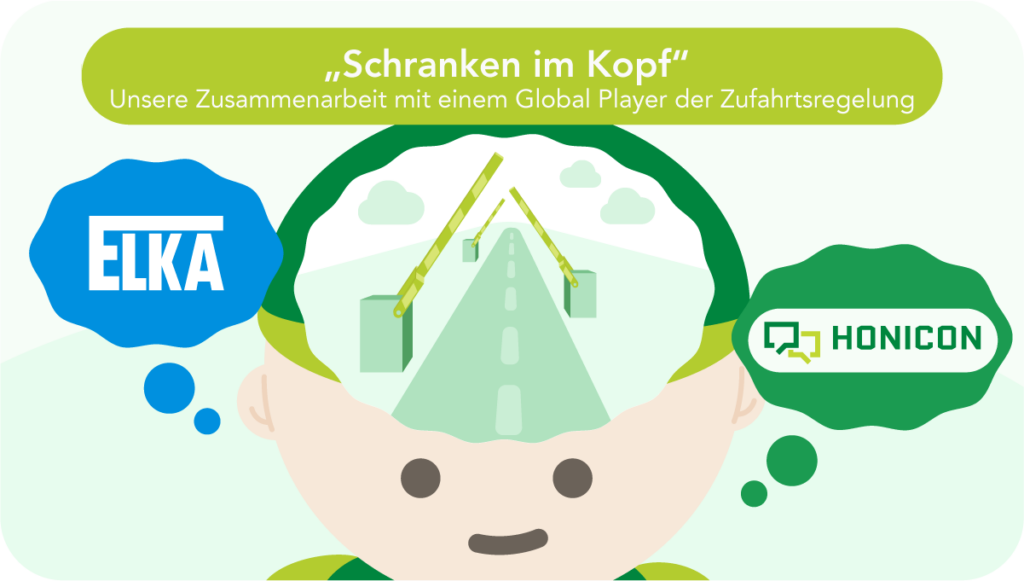 Illustration zur Zusammenarbeit zwischen ELKA und HONICON: Ein stilisierter Kopf mit geöffneten Schranken im Inneren – die physischen Zufahrtslösungen von ELKA als Symbol für den Weg zur digitalen Weiterentwicklung mit Jira Service Management. Links eine Gedankenblase mit dem ELKA-Logo, rechts eine mit dem HONICON-Logo. Überschrift: „Schranken im Kopf – Unsere Zusammenarbeit mit einem Global Player der Zufahrtsregelung".