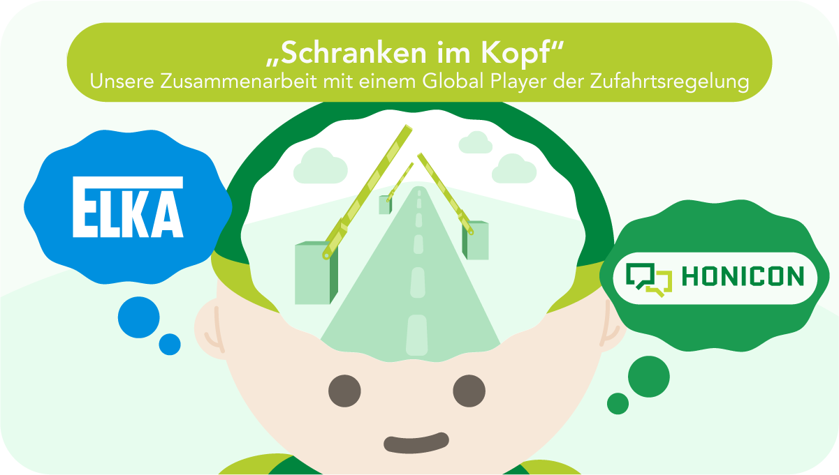Illustration zur Zusammenarbeit zwischen ELKA und HONICON: Ein stilisierter Kopf mit geöffneten Schranken im Inneren – die physischen Zufahrtslösungen von ELKA als Symbol für den Weg zur digitalen Weiterentwicklung mit Jira Service Management. Links eine Gedankenblase mit dem ELKA-Logo, rechts eine mit dem HONICON-Logo. Überschrift: „Schranken im Kopf – Unsere Zusammenarbeit mit einem Global Player der Zufahrtsregelung".