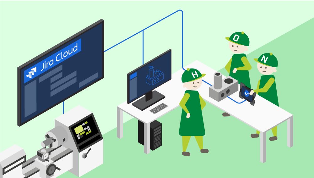Isometrische Illustration eines Arbeitsplatzes im Maschinenbau: Drei HONICON-Figuren arbeiten gemeinsam – eine am Computer mit Jira Cloud auf dem Bildschirm, zwei weitere an einem Tisch mit Maschinenbauteilen und Tablet. Der untere Monitor zeigt eine technische CAD-Zeichnung. Die Szene symbolisiert die Verbindung von digitaler Projektsteuerung und praktischer Fertigung.