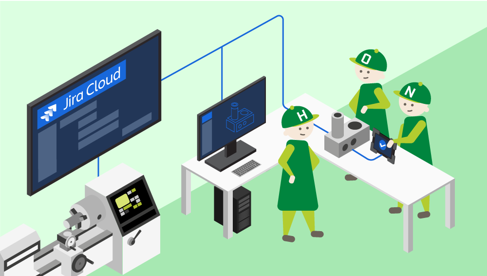 Isometrische Illustration eines Arbeitsplatzes im Maschinenbau: Drei HONICON-Figuren arbeiten gemeinsam – eine am Computer mit Jira Cloud auf dem Bildschirm, zwei weitere an einem Tisch mit Maschinenbauteilen und Tablet. Der untere Monitor zeigt eine technische CAD-Zeichnung. Die Szene symbolisiert die Verbindung von digitaler Projektsteuerung und praktischer Fertigung.