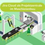 Isometrische Illustration einer Maschinenbauhalle: HONICON-Figuren arbeiten an verschiedenen Stationen – ein Konstrukteur am Laptop, ein Monteur mit Tablet an einer Sondermaschine, eine Mitarbeiterin an der Drehbank. Alle Arbeitsplätze sind durch blaue Datenlinien mit einem zentralen Monitor verbunden, der das Jira Cloud-Logo zeigt. Die Vernetzung symbolisiert transparente Projektsteuerung über alle Abteilungen hinweg. Überschrift: „Jira Cloud als Projektzentrale im Maschinenbau".