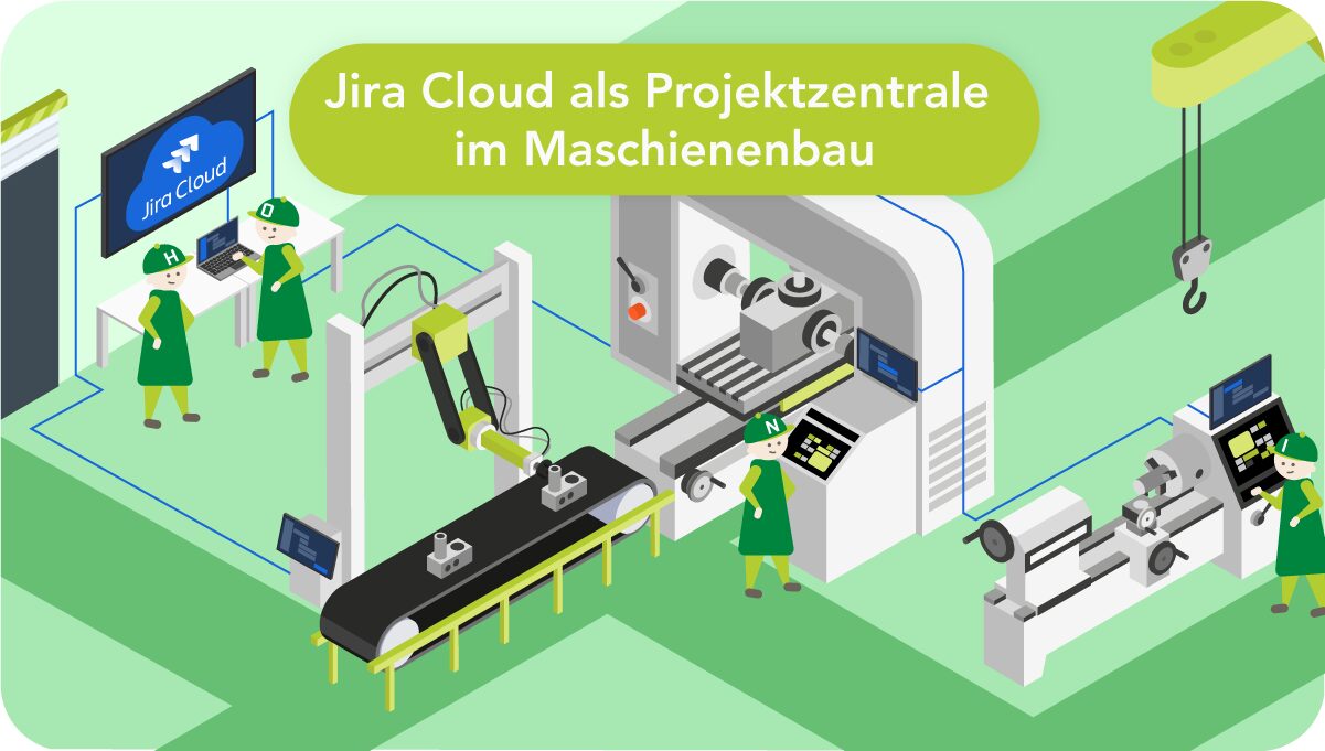 Isometrische Illustration einer Maschinenbauhalle: HONICON-Figuren arbeiten an verschiedenen Stationen – ein Konstrukteur am Laptop, ein Monteur mit Tablet an einer Sondermaschine, eine Mitarbeiterin an der Drehbank. Alle Arbeitsplätze sind durch blaue Datenlinien mit einem zentralen Monitor verbunden, der das Jira Cloud-Logo zeigt. Die Vernetzung symbolisiert transparente Projektsteuerung über alle Abteilungen hinweg. Überschrift: „Jira Cloud als Projektzentrale im Maschinenbau".