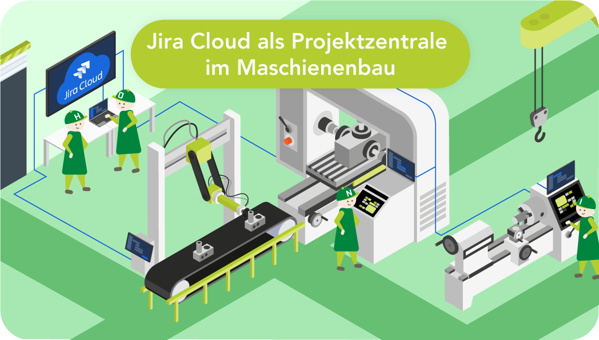 Isometrische Illustration einer Maschinenbauhalle: HONICON-Figuren arbeiten an verschiedenen Stationen – ein Konstrukteur am Laptop, ein Monteur mit Tablet an einer Sondermaschine, eine Mitarbeiterin an der Drehbank. Alle Arbeitsplätze sind durch blaue Datenlinien mit einem zentralen Monitor verbunden, der das Jira Cloud-Logo zeigt. Die Vernetzung symbolisiert transparente Projektsteuerung über alle Abteilungen hinweg. Überschrift: „Jira Cloud als Projektzentrale im Maschinenbau".