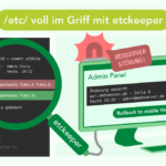 Illustration zu etckeeper für Konfigurationsversionierung: Links eine Konfigurationsdatei aus /etc/ mit einer Lupe, die einen Git-Diff zeigt – eine SSL-Protokoll-Änderung von „TLSv1.2 TLSv1.3" zu „TLSv1.3" mit Autor und Zeitstempel. Rechts eine HONICON-Figur vor einem Admin Panel mit Warnung „Webserver Störung!", das die erkannte Änderung anzeigt und einen Button „Rollback to stable Version" bietet. Überschrift: „/etc/ voll im Griff mit etckeeper".