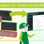 Illustration zum Vergleich von Ansible mit und ohne Oberfläche: Links eine HONICON-Figur vor einem Terminal mit Ansible-Kommandozeile und Sprechblasen wie „Wer ist eigentlich tklein@laptop-old?" und „Welcher Key gehört zu welcher Person?" – symbolisiert die Unübersichtlichkeit im Terminal. Ein Pfeil führt nach rechts zu zwei HONICON-Figuren vor dem Semaphore UI-Dashboard mit klarer Übersicht über Tasks, Ausführungshistorie und Benutzer. Überschrift: „Semaphore UI – Ansible mit Oberfläche".