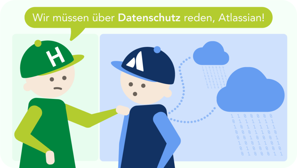 Illustration zum Thema Datenschutz bei Atlassian: Eine HONICON-Figur tippt einer Atlassian-Figur auf die Schulter und spricht sie an. Im Hintergrund fließen Binärdaten zwischen zwei Clouds – symbolisiert den Datentransfer in die Atlassian Cloud. Sprechblase: „Wir müssen über Datenschutz reden, Atlassian!"