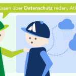 Illustration zum Thema Datenschutz bei Atlassian: Eine HONICON-Figur tippt einer Atlassian-Figur auf die Schulter und spricht sie an. Im Hintergrund fließen Binärdaten zwischen zwei Clouds – symbolisiert den Datentransfer in die Atlassian Cloud. Sprechblase: „Wir müssen über Datenschutz reden, Atlassian!"