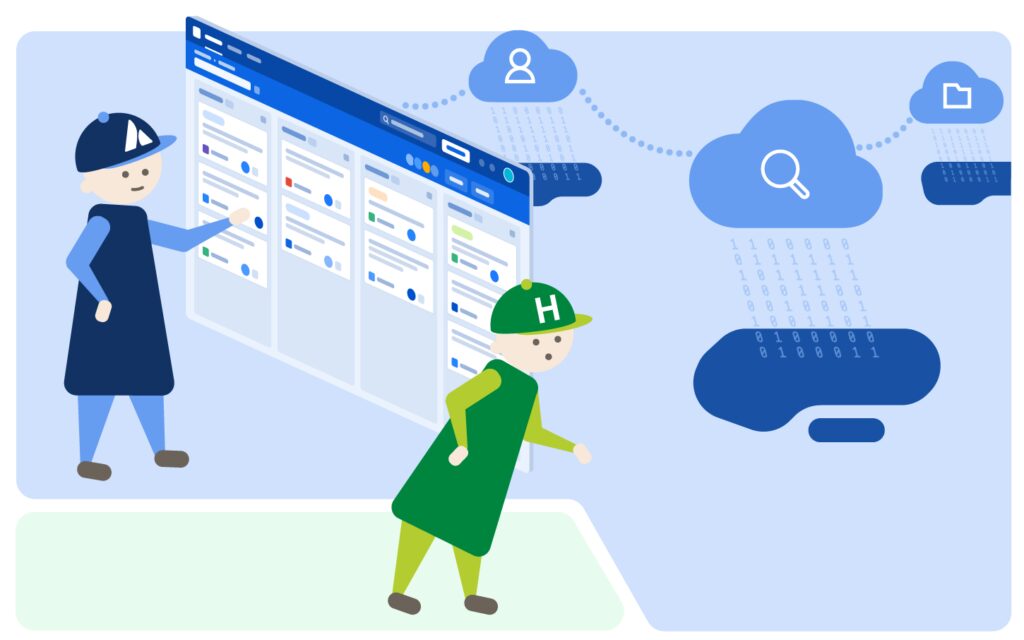 Illustration of metadata collection in Atlassian Cloud: An Atlassian figure works on a Jira board with tickets and tasks. Next to it, a HONICON figure critically observes how data in the form of binary code flows into interconnected clouds with icons for users, search, and files – symbolizing the collection and transfer of metadata.