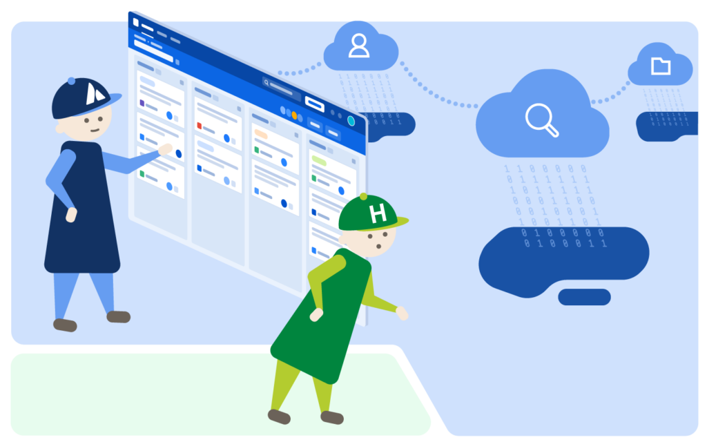 Illustration zur Metadaten-Erfassung in Atlassian Cloud: Eine Atlassian-Figur arbeitet an einem Jira-Board mit Tickets und Aufgaben. Daneben beobachtet eine HONICON-Figur kritisch, wie Daten in Form von Binärcode in vernetzte Clouds mit Icons für Benutzer, Suche und Dateien fließen – symbolisiert die Erfassung und Weitergabe von Metadaten.