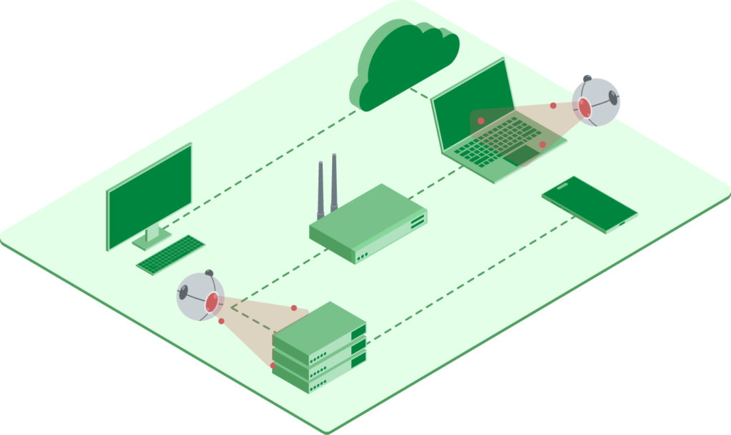 Never change a running system 12 Isometrische Illustration eines Netzwerks: Verschiedene Geräte – Monitor, Router, Laptop, Smartphone und Server – sind über gestrichelte Linien mit einer Cloud verbunden. Zwei roboterartige KI-Agenten scannen mit rot leuchtenden Sensoren gezielt Laptop und Server nach Schwachstellen ab. Rote Punkte markieren die gefundenen Angriffspunkte.