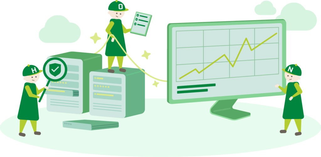 Internes ISO 27001 Audit 20 Illustration zum internen ISO 27001-Audit: Drei HONICON-Figuren prüfen ein IT-System – eine untersucht ein Server-Rack mit einer Lupe und Sicherheitsschild-Symbol, eine steht auf einem Server und hält eine Checkliste mit Häkchen, eine dritte präsentiert einen aufsteigenden Diagramm-Verlauf auf einem Monitor. Die Szene symbolisiert die unabhängige, normkonforme Prüfung eines Informationssicherheitsmanagementsystems.