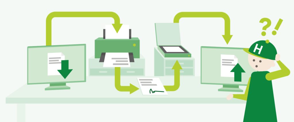 Illustration eines Prozesses aus der Hölle: Ein Dokument durchläuft einen absurden Medienbruch-Kreislauf – vom Computer heruntergeladen, ausgedruckt, per Hand unterschrieben, wieder eingescannt und am nächsten Rechner erneut hochgeladen. Rechts steht eine HONICON-Figur und fasst sich fragend an den Kopf.