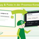 Illustration zur Clipboard-Funktion in Proxmox: Links ein Passwort-Manager mit dem Eintrag „root@vm-04" und Kopier-Symbol, von dem ein Pfeil zur noVNC-Konsole führt. Dort wird das komplexe Passwort über das Clipboard-Feld direkt am Login-Prompt eingefügt. Drei HONICON-Figuren begleiten die Szene – eine mit Smartphone, zwei präsentieren die Konsole. Überschrift: „Copy & Paste in der Proxmox-Konsole".