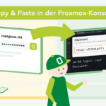 Illustration zur Clipboard-Funktion in Proxmox: Links ein Passwort-Manager mit dem Eintrag „root@vm-04" und Kopier-Symbol, von dem ein Pfeil zur noVNC-Konsole führt. Dort wird das komplexe Passwort über das Clipboard-Feld direkt am Login-Prompt eingefügt. Drei HONICON-Figuren begleiten die Szene – eine mit Smartphone, zwei präsentieren die Konsole. Überschrift: „Copy & Paste in der Proxmox-Konsole".