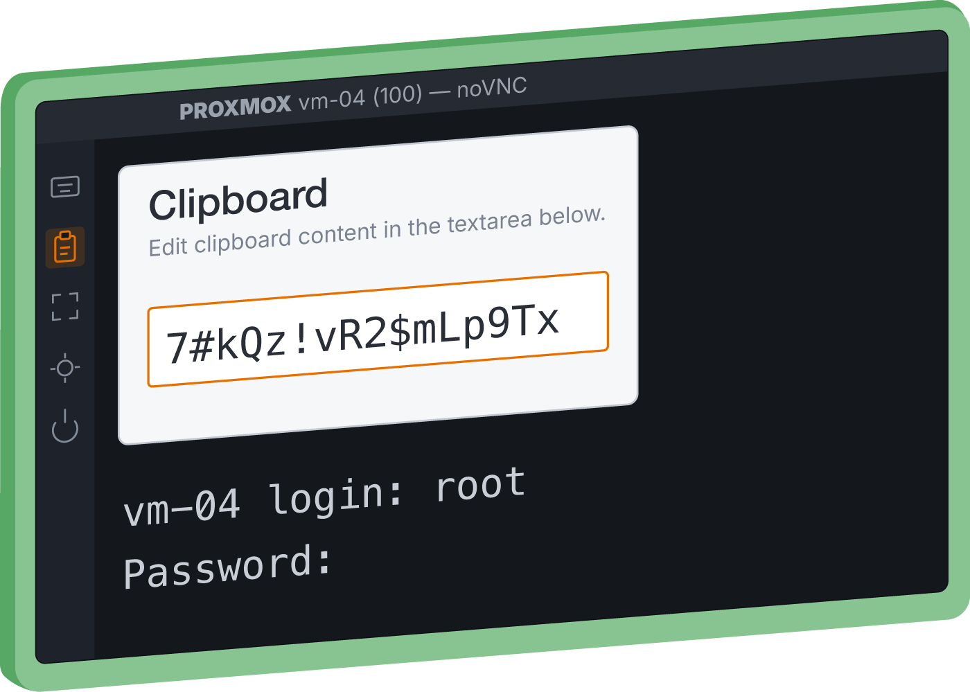 Das Clipboard-Panel in der noVNC-Konsole: Passwort einfügen statt abtippen – direkt am Login-Prompt.