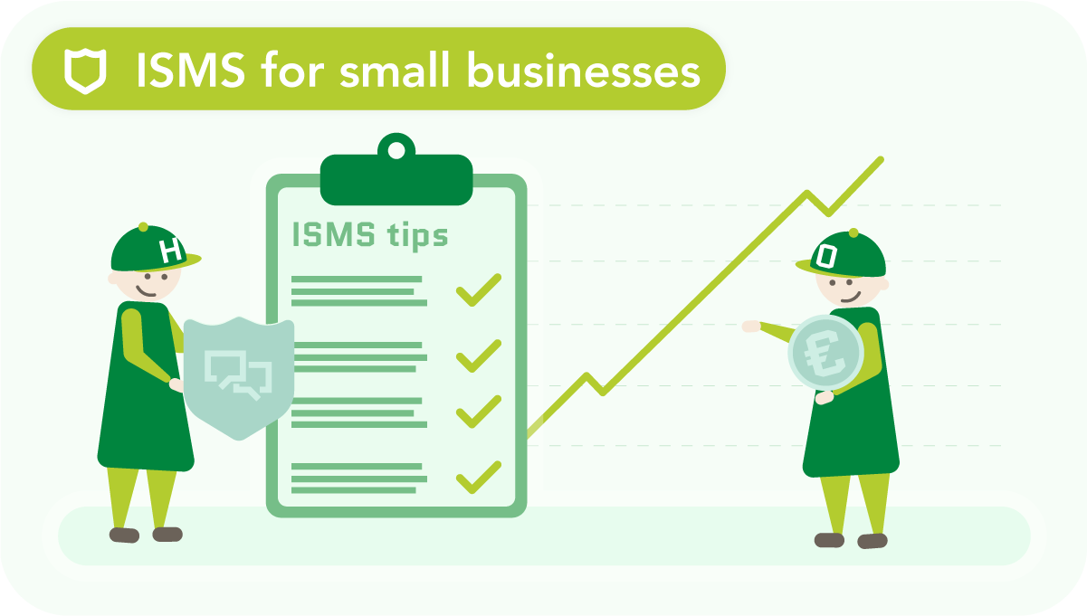 ISMS for small businesses—two figures stand around a clipboard with ISMS tips. One figure holds a shield, one a large euro coin. A rising graph extends from the clipboard.