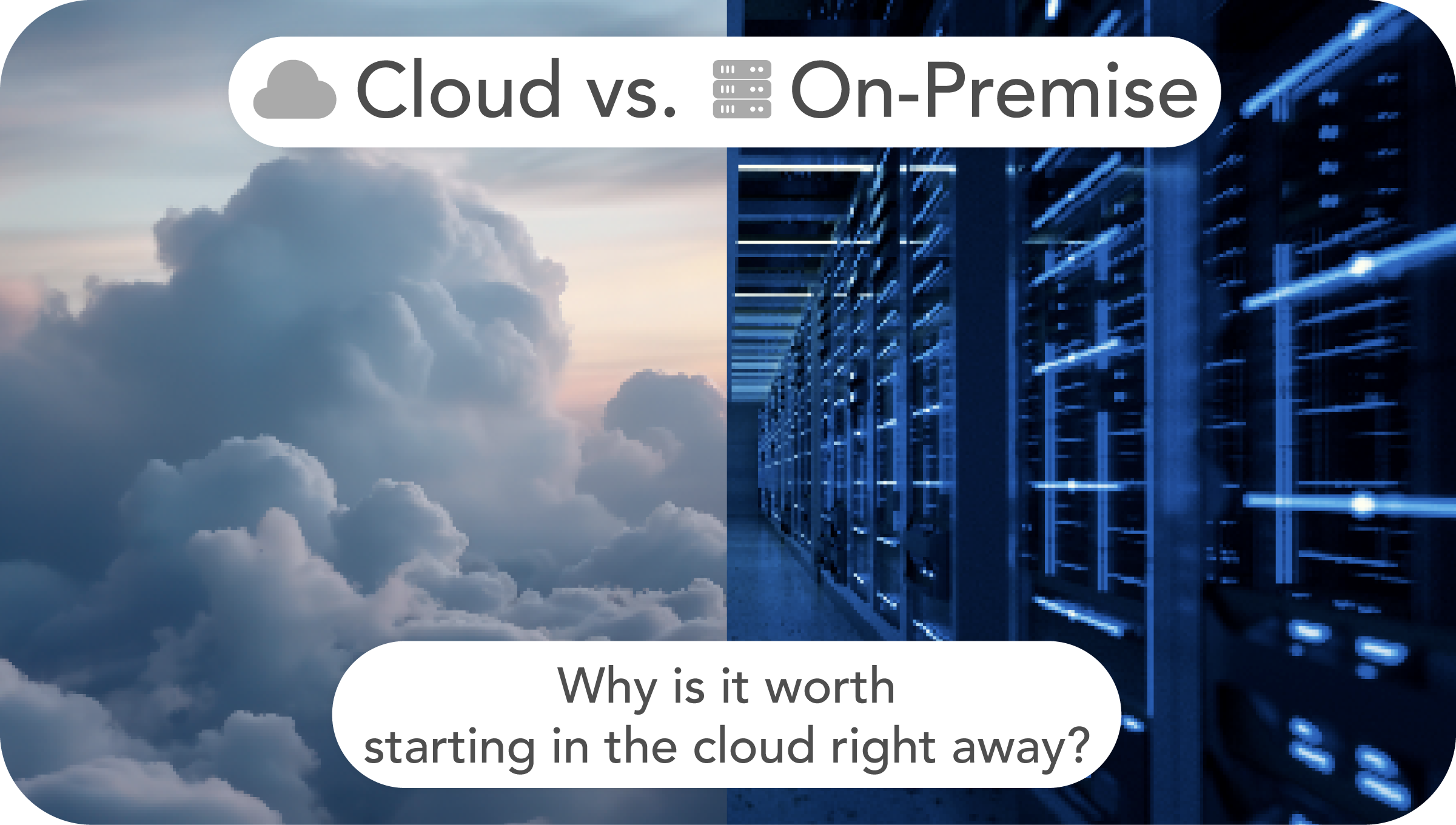 Diagram: Cloud vs on-premises, clouds on the left, servers on the right