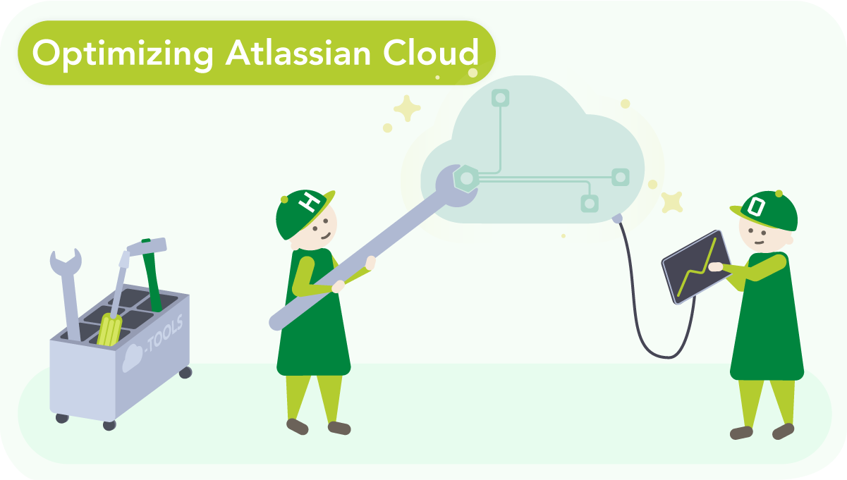 Illustration: Optimizing the Atlassian Cloud. Two people are working with various tools in the cloud