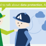 Illustration on the topic of data protection at Atlassian: A HONICON figure taps an Atlassian figure on the shoulder and addresses them. In the background, binary data flows between two clouds – symbolizing the transfer of data to the Atlassian Cloud. Speech bubble: 'We need to talk about data protection, Atlassian!'