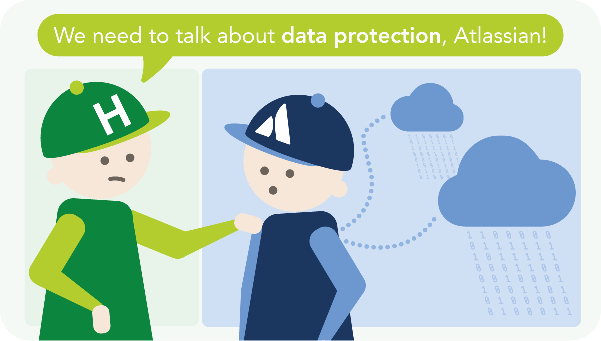 Illustration on the topic of data protection at Atlassian: A HONICON figure taps an Atlassian figure on the shoulder and addresses them. In the background, binary data flows between two clouds – symbolizing the transfer of data to the Atlassian Cloud. Speech bubble: 'We need to talk about data protection, Atlassian!'