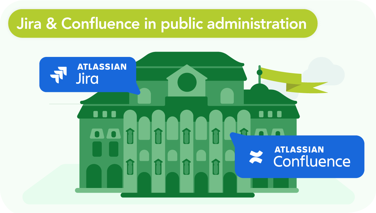 From the application process to project governance – Jira & Confluence in public administration 11 Diagram. Jira and Confluence aspects emanate from a digital administrative building.