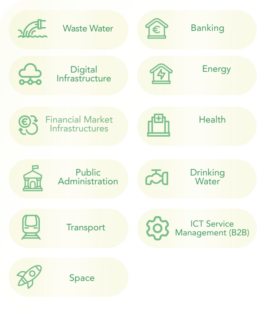 Graphic list of "Important entities": Wastewater services, banking, digital infrastructure, energy supply, financial infrastructure, health sector, public administration, drinking water supply, transportation, B2B ICT, space